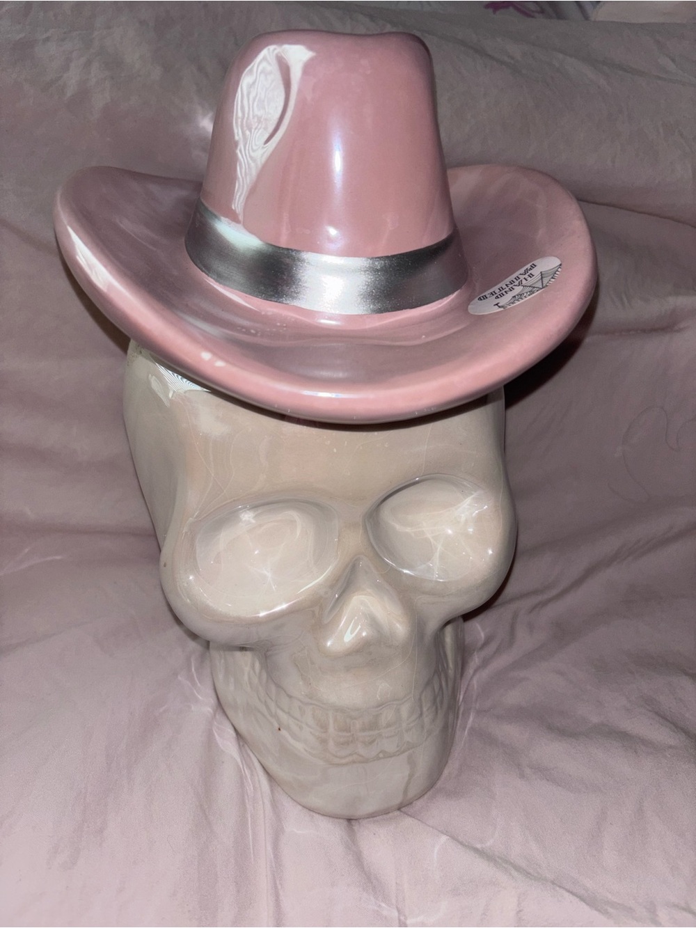 Ceramic Skull Accent with Pink Cowboy Hat - Halloween cookie jar